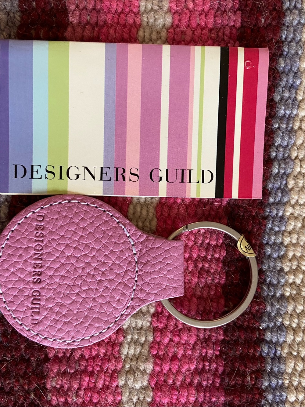 Designers Guild Pink Pebbled Leather Keyring with Silver Ring